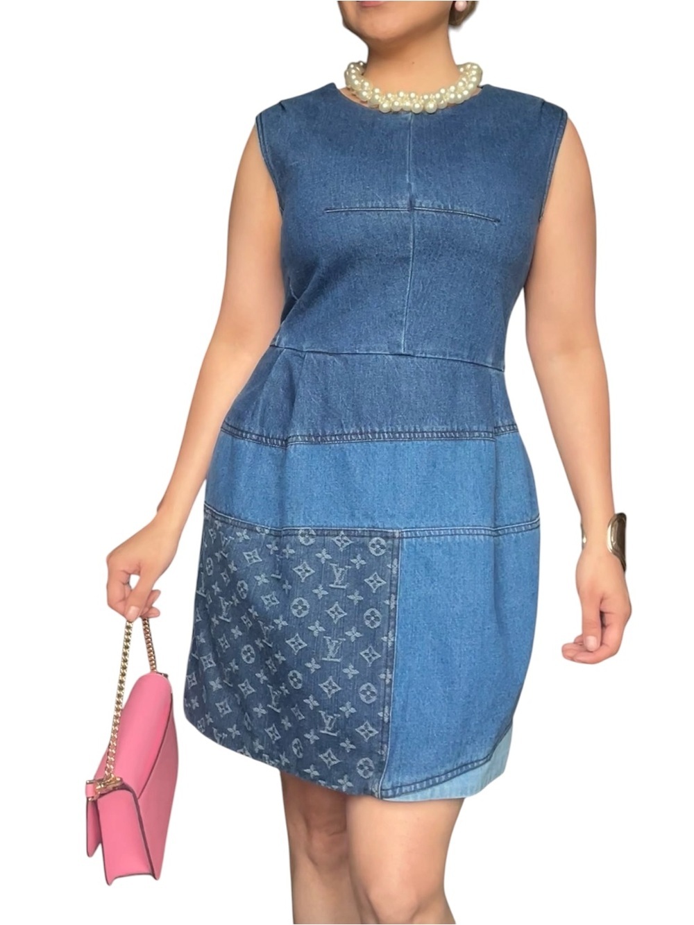 Denim Monogram  Dress Sleeveless A-Line Structured Mini Size Small - Picture 2 of 16